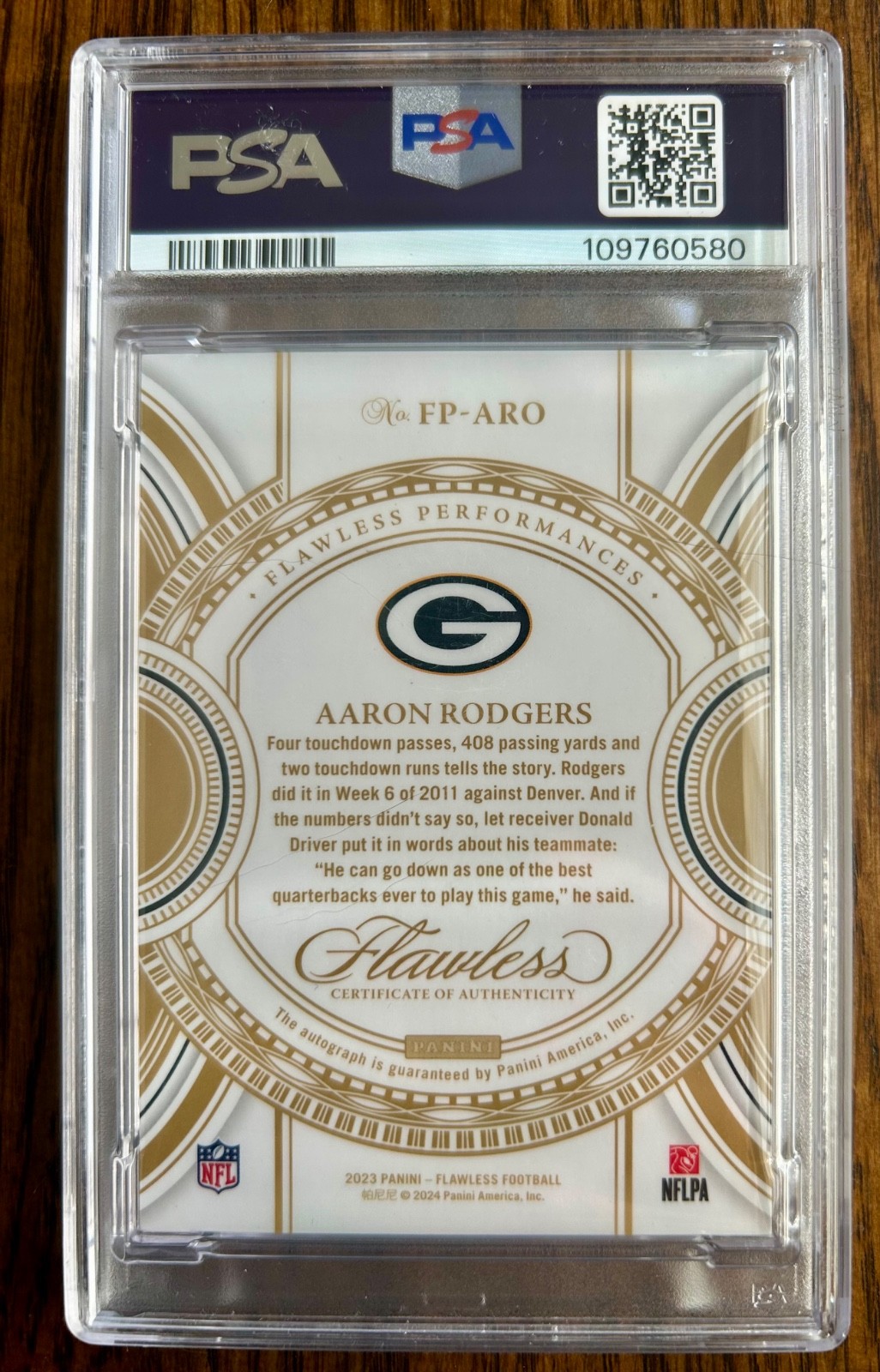 2023 Flawless Aaron Rodgers Performances Gold Auto /25 PSA 9 view 2