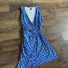 Women's Ann Taylor Blue White Ikat Print Sleeveless Wrap Dress M