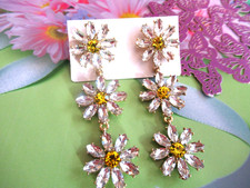 Clear Yellow Crystal 3 Long Daisy Dangling Spring Flowers Pierced Earrings-NWT