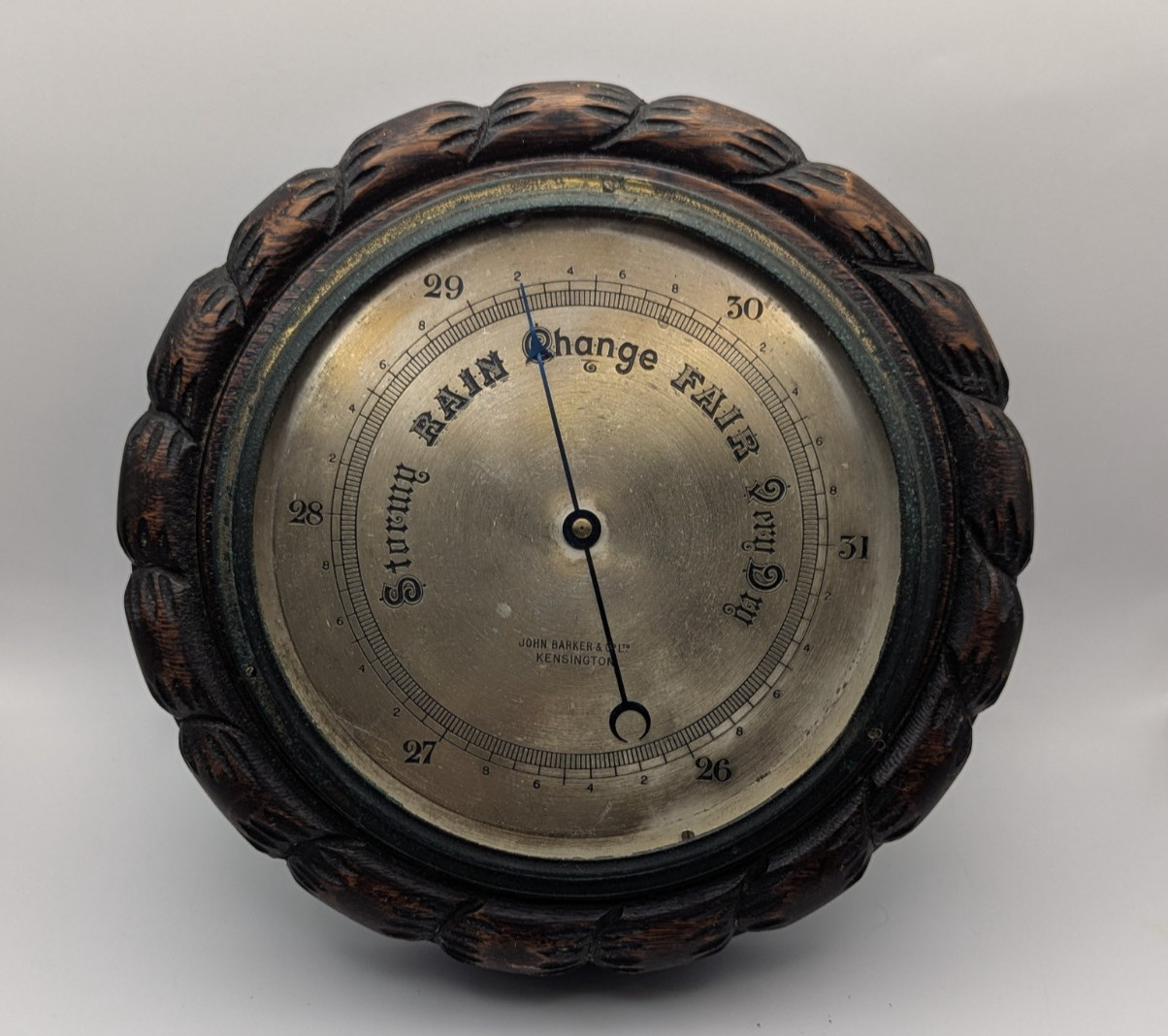 VTG English Aneriod Barometer John Barker & Co Kensington carved oak no glass