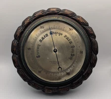 VTG English Aneriod Barometer John Barker & Co Kensington carved oak no glass