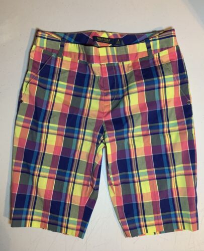 Polo Golf Ralph Lauren womens size 0 shorts. Neon Pink Yellow Navy Plaid - Picture 1 of 10