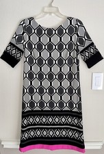 Shift Dress Black White Geometric Pink Hem 3/4 Sleeve Eliza J Women's Sz 8