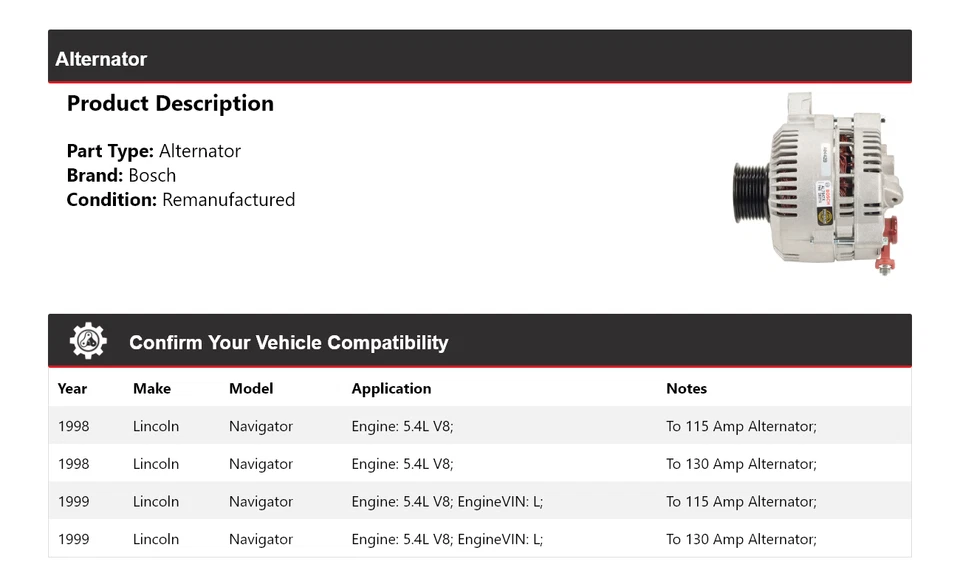 Alternador Bosch V8 5,4 L para Lincoln Navigator 1998-1999 (remanufacturado) Foto 2 de 4