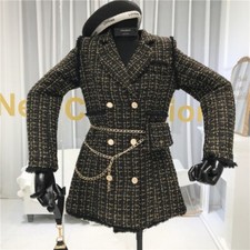 Plaid Suit Coat Notched Double Breasted Feather Tassel Tweed Jacket Free BeltBag