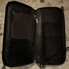 Vintage Black Leather Zip Around Passport Card Travel Wallet Documents Protector