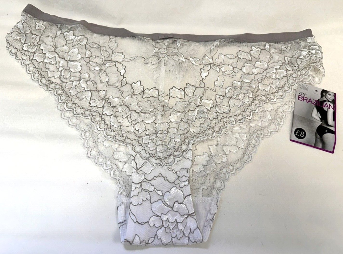 NEW! M&S Marks & Spencer UK20 Eur48 US16 white/grey trim Brazilian knickers