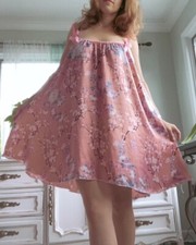 Vintage style Silky soft Satin Nightie Pink Asian Floral nightgown Lacy straps