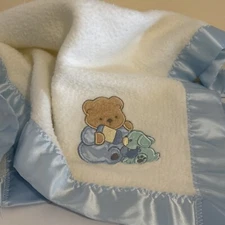 Vintage Acrylic Baby Blanket Blue Satin Trim Teddy Bear Puppy Cuddle Time USA