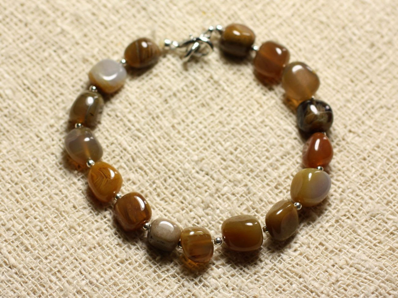 Bracelet argent 925 et pierre agate bois fossile 8mm anti-allergie et durable