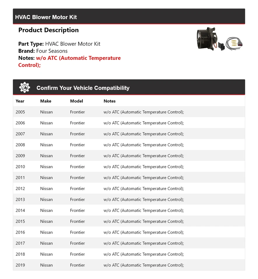 For 2005-2019 Nissan Frontier HVAC Blower Motor Kit 4 Seasons 2006 2007 2008 - Image 2 of 3