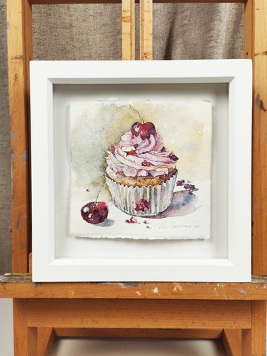 Cupcake with cream and cherries. Original watercolour - Picture 4 of 7