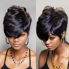 Short Pixie Cut Black Wigs with Thick Bangs 100% Human Hair Wigs For Women Daily