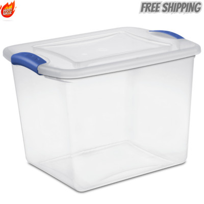 Sterilite 27 Qt.Clear Plastic Latching Box, Blue Latches with Clear Lid.