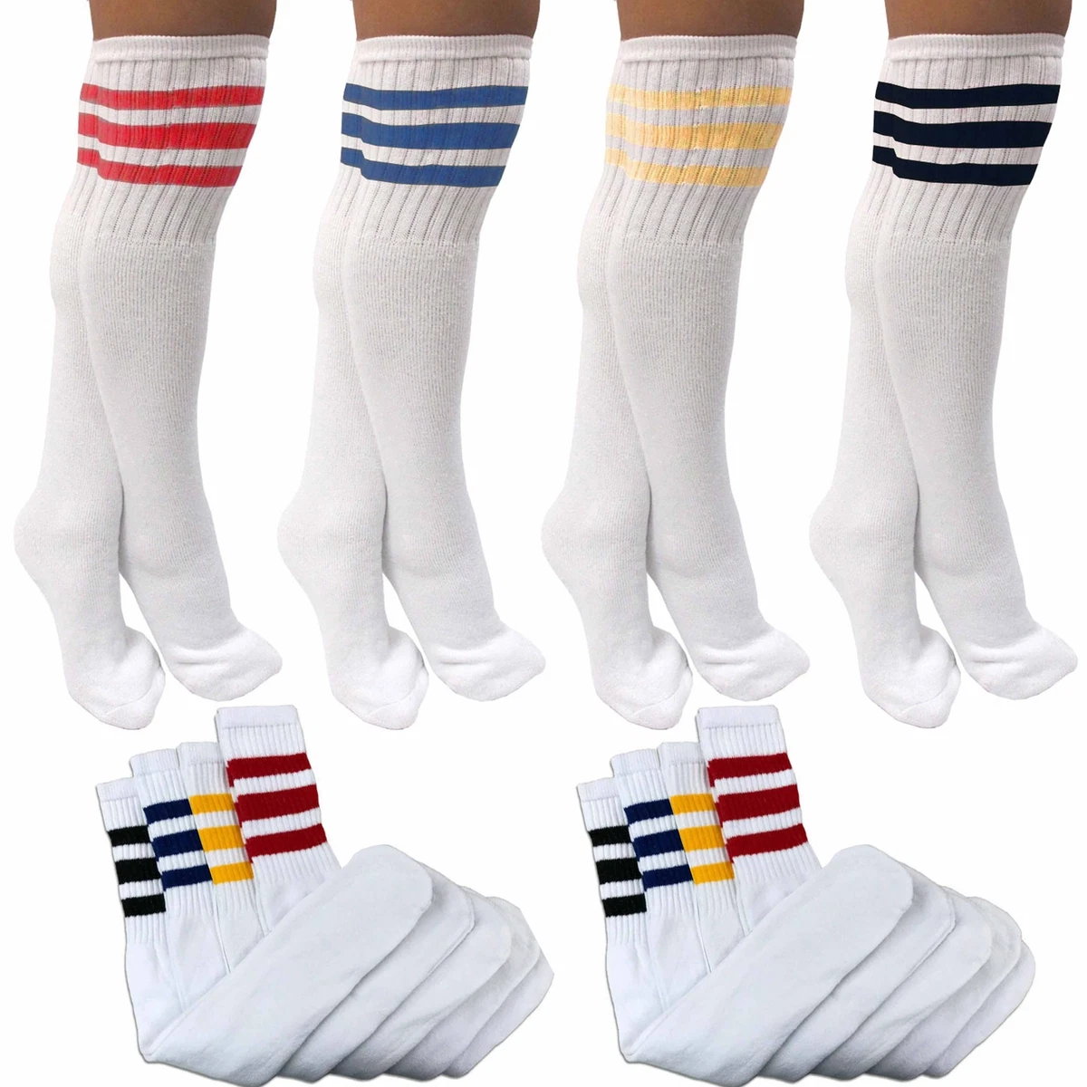 8 Pairs Knee High Tube Socks Assorted Color Stripes Long 24 Soccer Sports  13-15