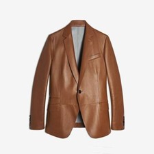 Classic Men's Genuine Lambskin Real Leather Blazer Coat Tan ONE BUTTON Jacket US