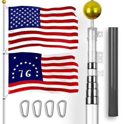 20 Ft Telescoping Flagpole Silver & American and Bennington Flags Emb 300D 3x5Ft