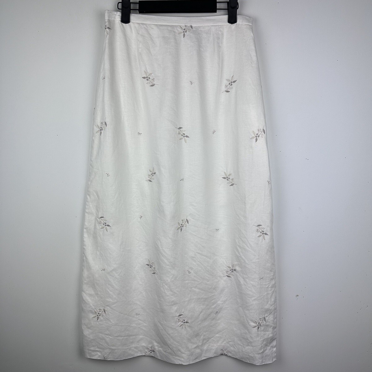 Vtg Petite Sophisticate Skirt Linen Maxi Pencil White Embroidered Lined 90s  M