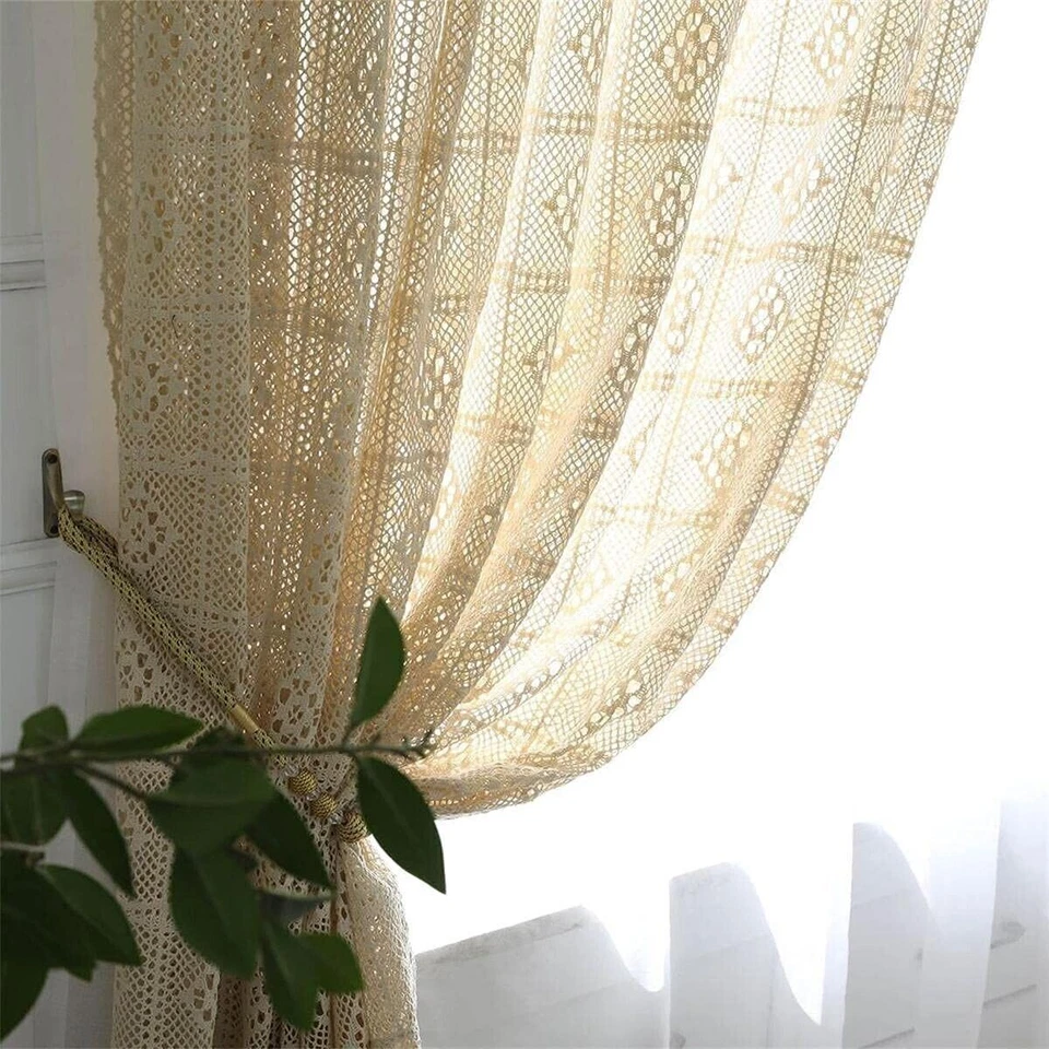 Cortina de encaje de ganchillo boho vintage cortinas ventana panel granja dormitorio decoración Foto 3 de 4