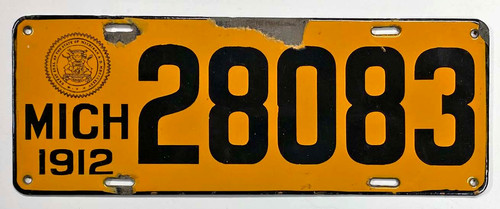 Michigan 1912 Porcelain License Plate 28083 Original Antique Garage Bar Sign