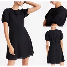 Madewell Black Pin Tuck Pleated Puff Sleeve Mini Dress A-Line Cocktail