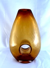 Amber Glass Art Vase With Unique Cutout Design 11" Tall