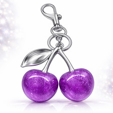 Purple Cherry Keychain Glitter Bag Charm Cute Purse Key Ring Accessory -