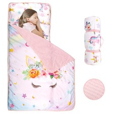 Toddler Nap Mat with Removable Pillow and Soft Dot Minky Blanket Kids Unicorn...