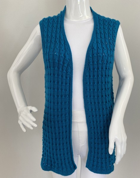 S-M / 10-12 Hand Knit Chunky Texture Aqua Pure Wool Open Sleeveless Jumper Vest
