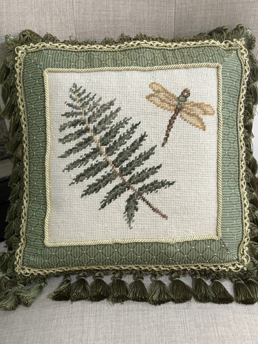 Needlepoint Pillow Fern Dragonfly Tassel Fringe 16x16 Reversible Olive Green