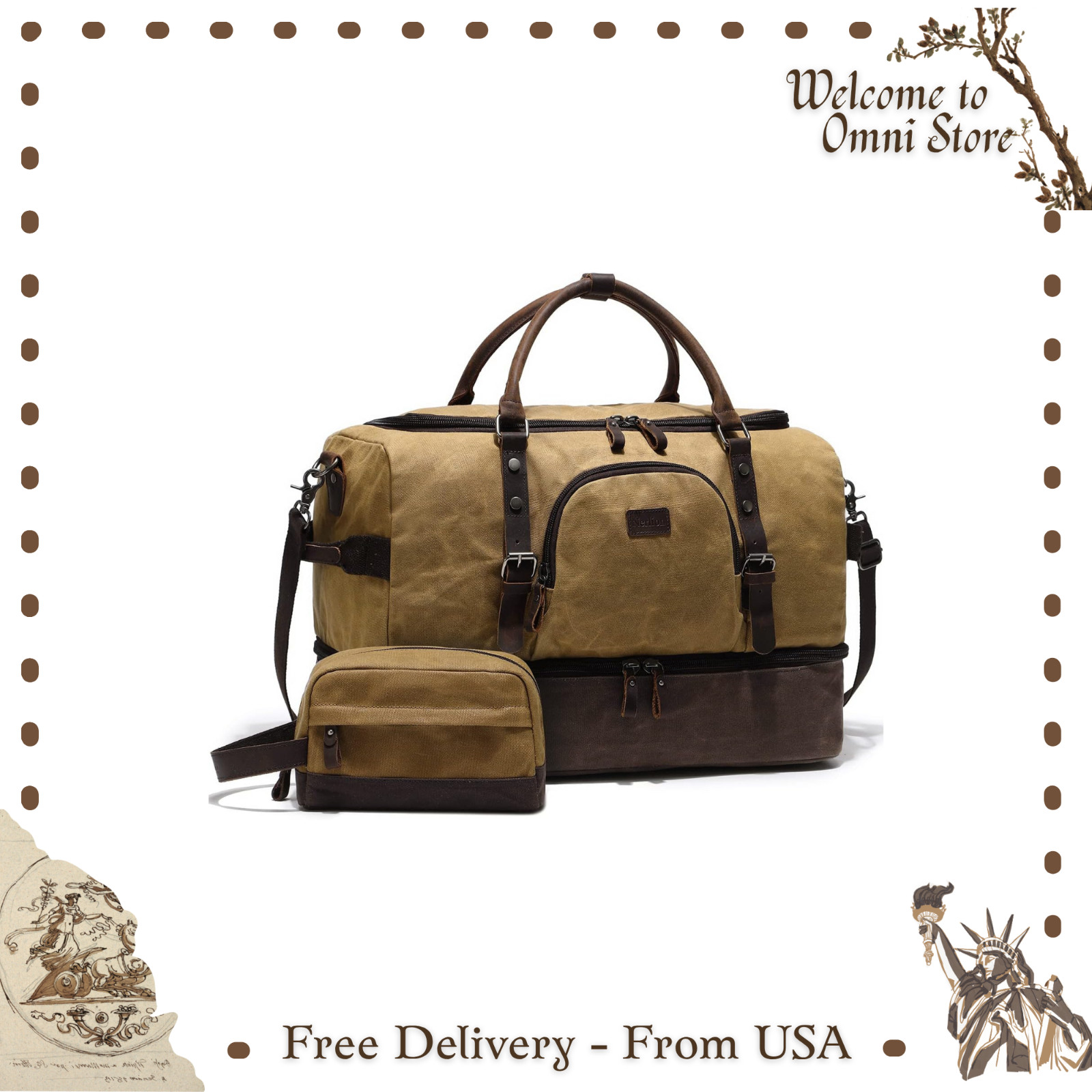 Large Weekender Travel Duffel Bag with Shoe Compartment, Canvas & Leather