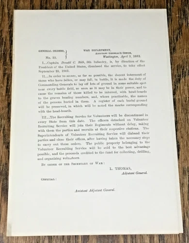 Original 1862 General Orders Civil War Document Internment Of Remains KIA