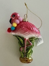 Glass Blown Pink Flamingo Colorful Pom-Poms Ornament Coastal Tropical 4  NWT