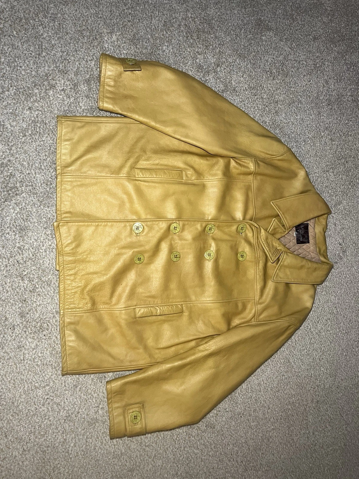 Mens Genuine Leather Pea Coat 4XL Mustard Tan Double Breasted Lined Made in USA - product detail image 5