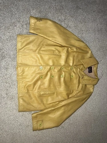 Mens Genuine Leather Pea Coat 4XL Mustard Tan Double Breasted Lined Made in USA image 5
