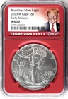 2023 W BURNISHED SILVER EAGLE W MINT MARK EARLY RELEASES NGC MS70 TRUMP 2024