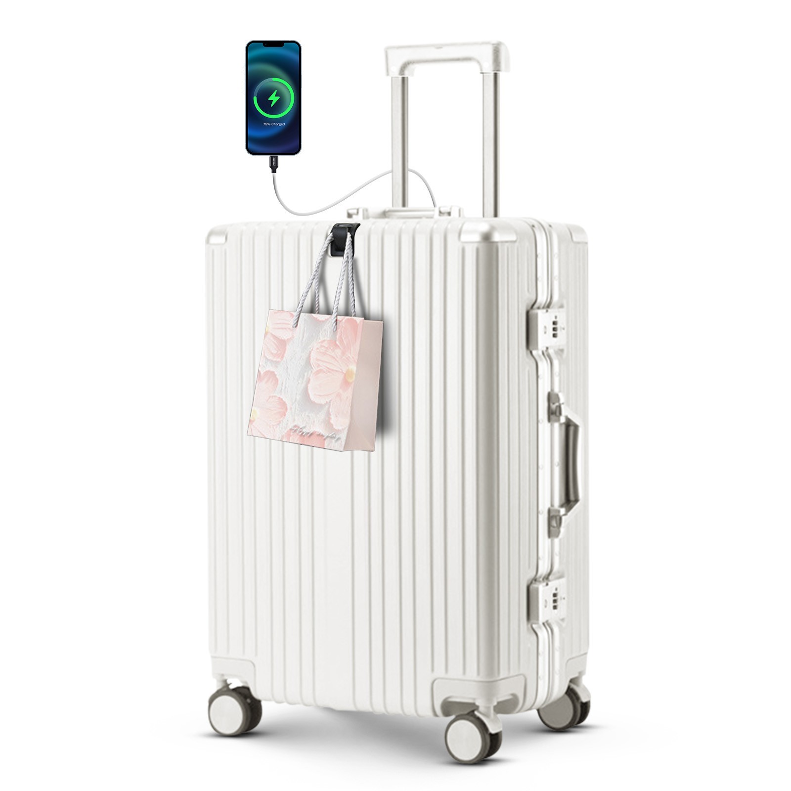 22" Hardside Spinner Suitcase USB Port Cup Holder Phone Stan