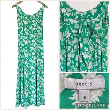 POETRY Green Floral Dress - Size UK6 Tie Open Back Floaty Viscose Rayon Holiday