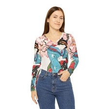 Eisen Geisha Japanese Art Ukiyo-e Vintage Long Sleeve Tee V-neck Shirt Top