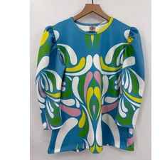 Sheridan French Shirt Womens Medium Blue Colorful Pattern Puff Sleeve Mod