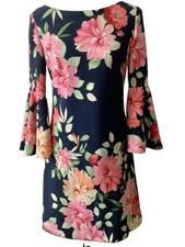 Eliza J Dress Navy Pink Floral Fully Lined Bell Sleeves Stretchy Sexy Size4 NWOT