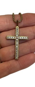 Authentic Gold Plated Cubic Zirconia CZ Encrusted Large Cross Chain Necklace Christian