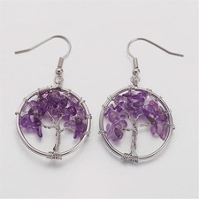 Silver Platinum Plated Amethyst Tree of Life Gemstone Beads Dangle Earrings