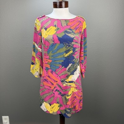 Tibi NY 100 % Silk Mod Abstract  Multi Color 3/4 Sleeve Shift Dress Sz 4