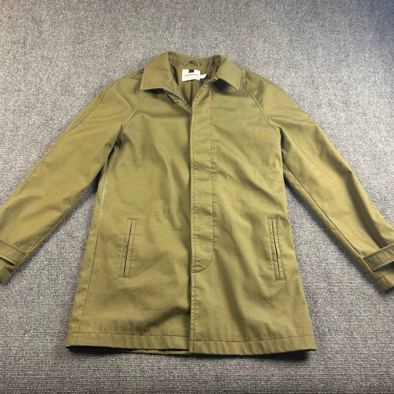 Topman Mens Olive Green Khaki Car Coat Jacket Size Small Hidden Button Placket - product detail image 1