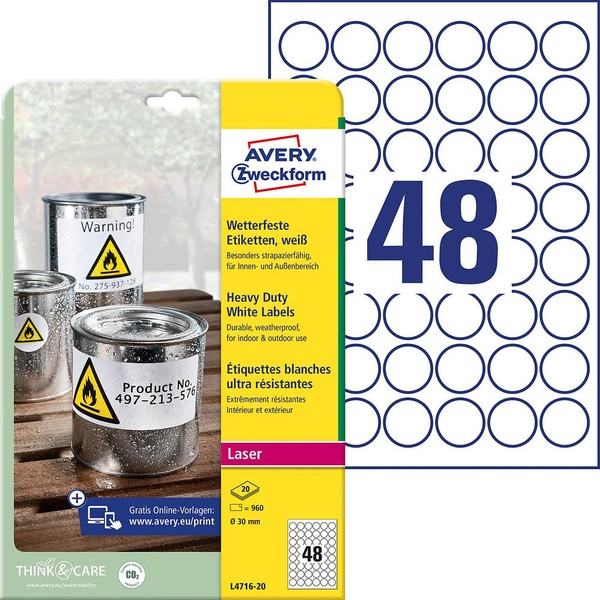 Avery Zweckform Wetterfeste Folienetiketten L4716-20 Weiß 30,0 X 30,0 Mm, 20...-image