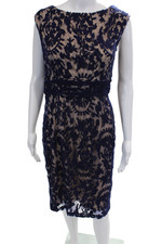 Adrianna Papell Womens Cotton Blend Lace Round Neck Sleeveless Dress Blue Size 6