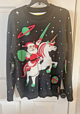 Tipsy Elves Womens Black Ugly Christmas Sweater Santa Unicorn Sz Medium NEW AAA