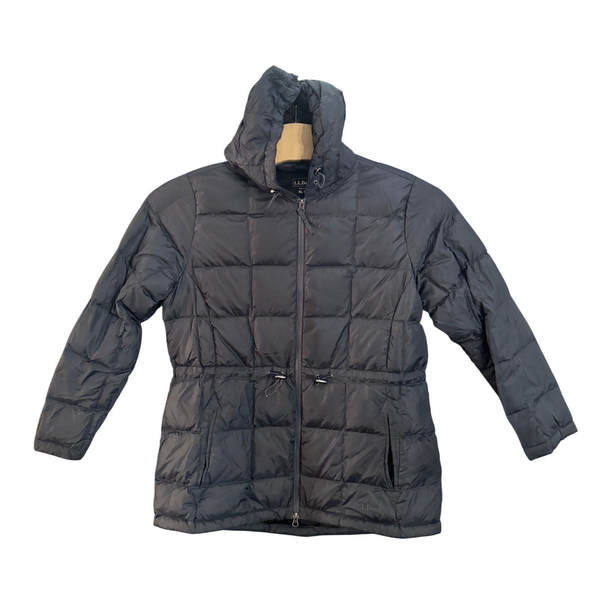 LL Bean Down Puffer Jacket Womens XL Petite Blue/Gray Hooded 