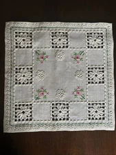 Sweet Norwegian Hardanger Cream On Cream w/Embroidered Roses Square Doily